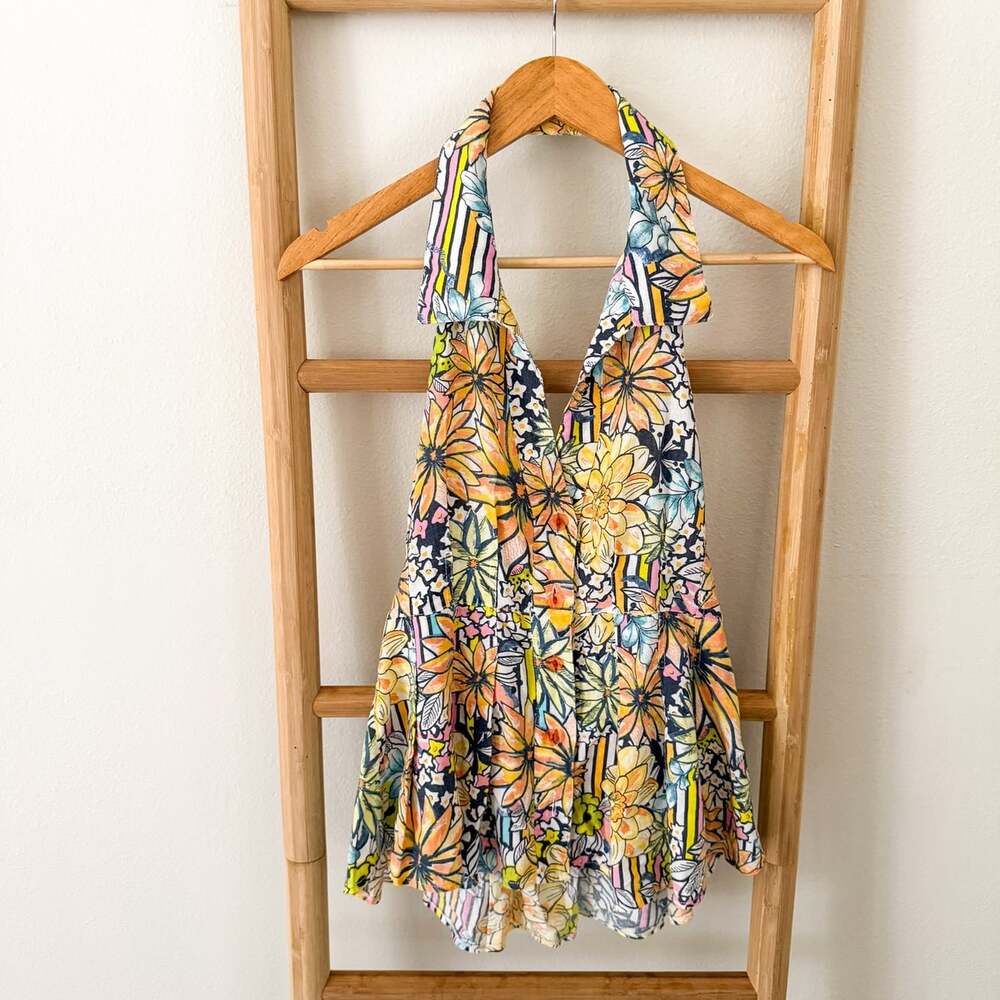 Viv L’eroá Floral Halter Mini Dress Womens Multicolor Retro Boho Backless Small
